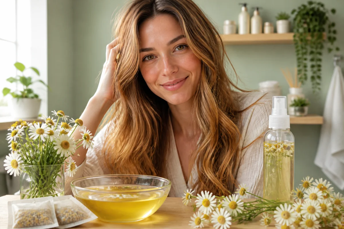 Jeune femme aux cheveux châtain clair illuminés par la camomille, avec infusion et fleurs au premier plan