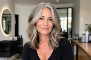 Femme aux cheveux poivre et sel sublimés par un balayage blond cendré dans un salon de coiffure lumineux