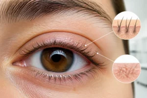 Gros plan d’un œil aux cils clairsemés, illustrant la repousse possible et les follicules cicatriciels.