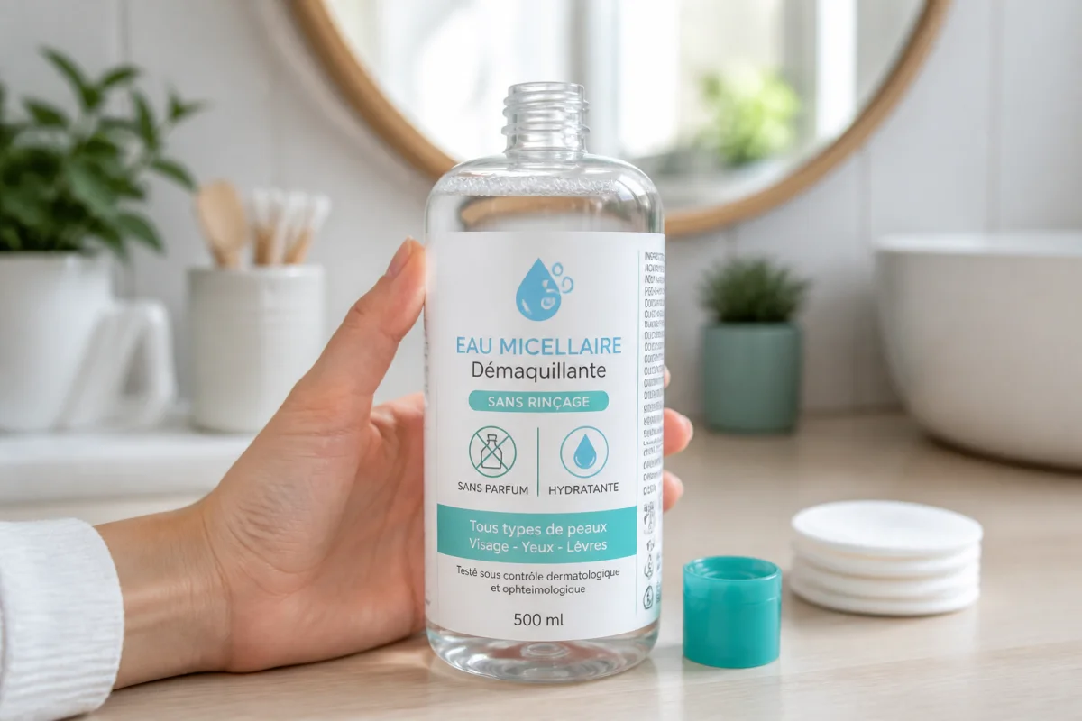 Flacon d’eau micellaire sans rinçage tenu dans une salle de bains lumineuse, entouré de cotons démaquillants