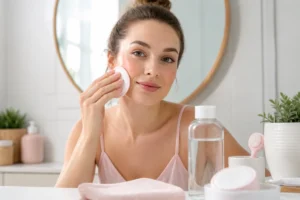Personne appliquant de l’eau micellaire sur son visage avec un disque démaquillant réutilisable dans une salle de bains lumineuse