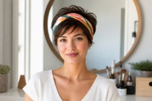 Jeune femme aux cheveux courts portant un bandeau coloré en foulard, coiffure pratique et élégante révélée de face