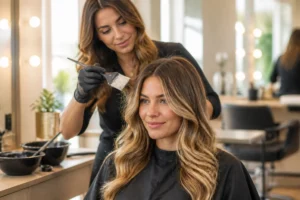 Coiffeuse réalisant un balayage blond doré dans un salon moderne, évoquant l’expertise du coiffeur Leclerc Poitiers