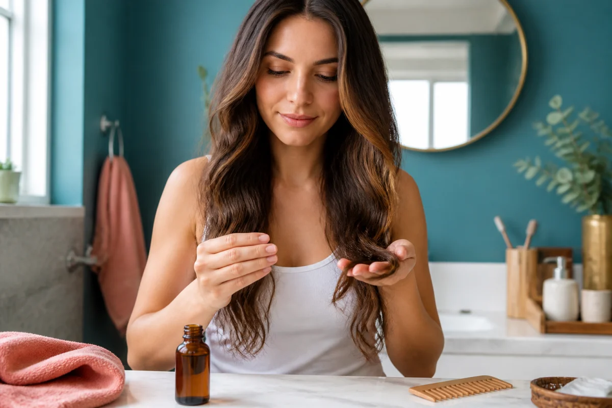 Personne appliquant une petite quantité d’huile de ricin sur les longueurs et pointes de cheveux ondulés