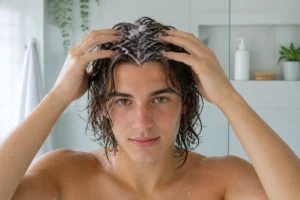 Jeune adulte massant ses racines avec du shampoing pour apprendre comment ne plus avoir les cheveux gras