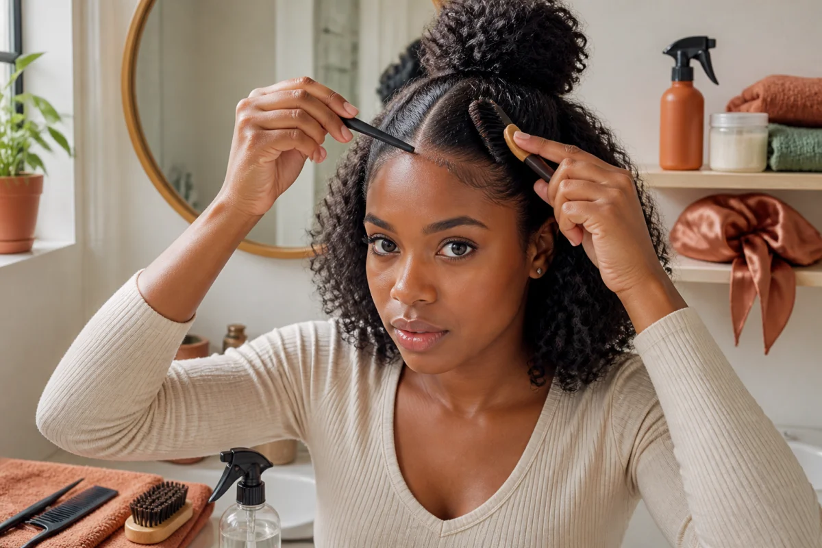 Femme aux cheveux texturés plaquant délicatement ses cheveux avec un peigne et une brosse souple, sans les abîmer