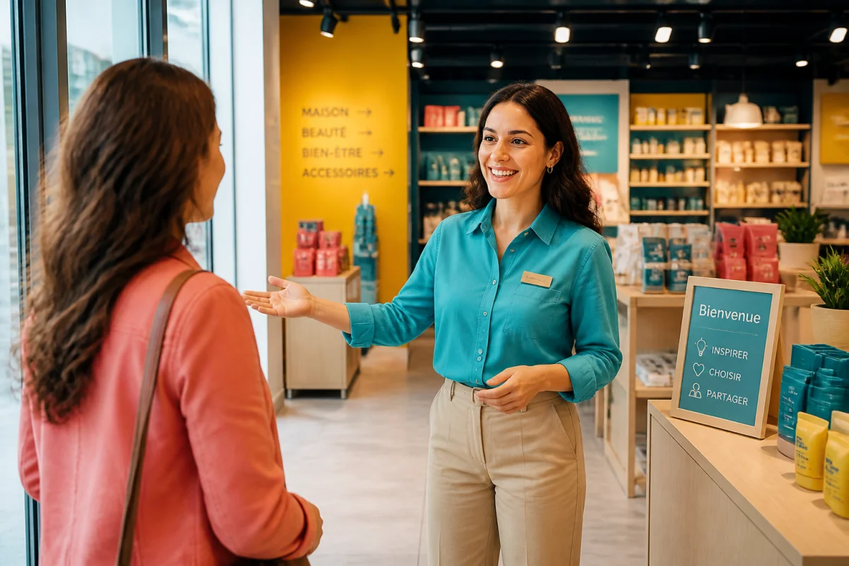 Techniques d’accueil en magasin : vendeuse souriante accueillant chaleureusement un client dès son entrée