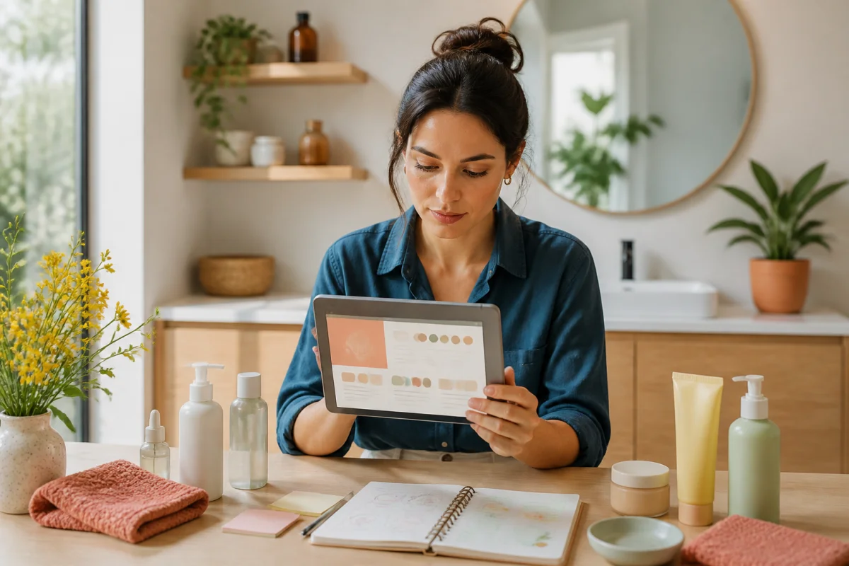 Femme consultant une tablette et des produits de soins dans une salle de bain, pour mieux choisir les soins Amazing Beauty