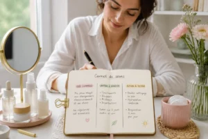 Personne prenant des notes sur Amazing Beauty dans un carnet dédié aux critères et actions de soins.