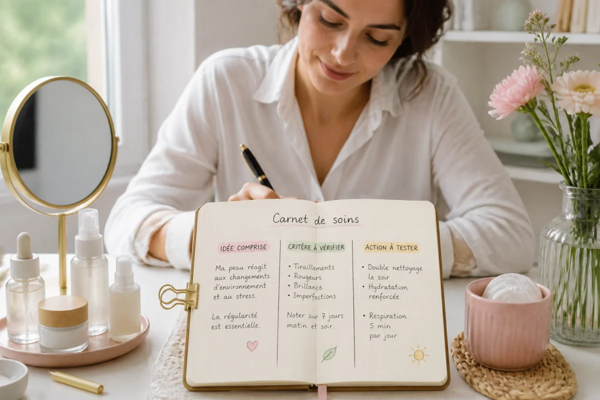 Personne prenant des notes sur Amazing Beauty dans un carnet dédié aux critères et actions de soins.