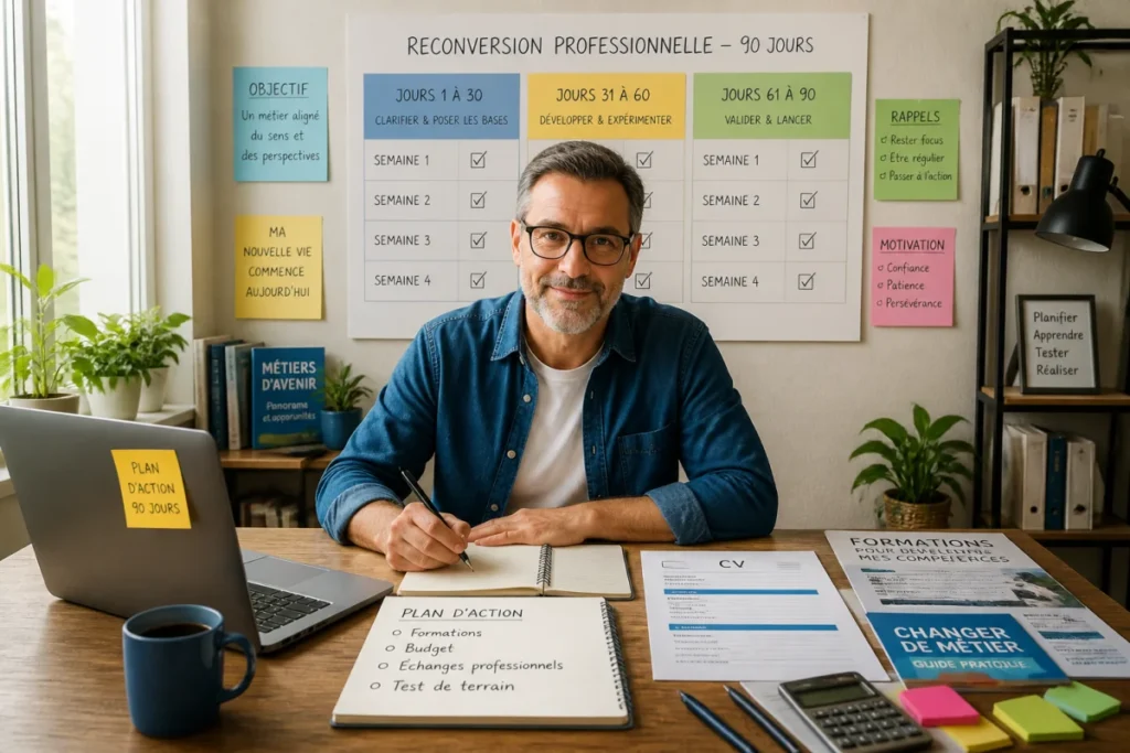Adulte de 45 ans planifiant un changement de métier après 40 ans avec calendrier, formations et ordinateur portable.