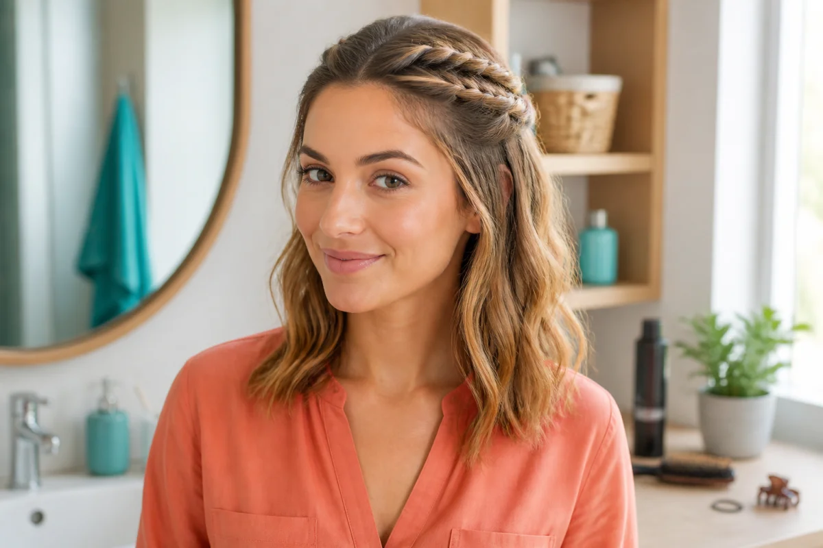 Coiffure facile pour cheveux mi-longs en demi-attache avec torsades souples et pince discrète