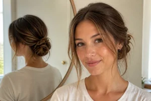 Coiffure facile pour cheveux mi-longs avec chignon bas souple et mèches libres autour du visage
