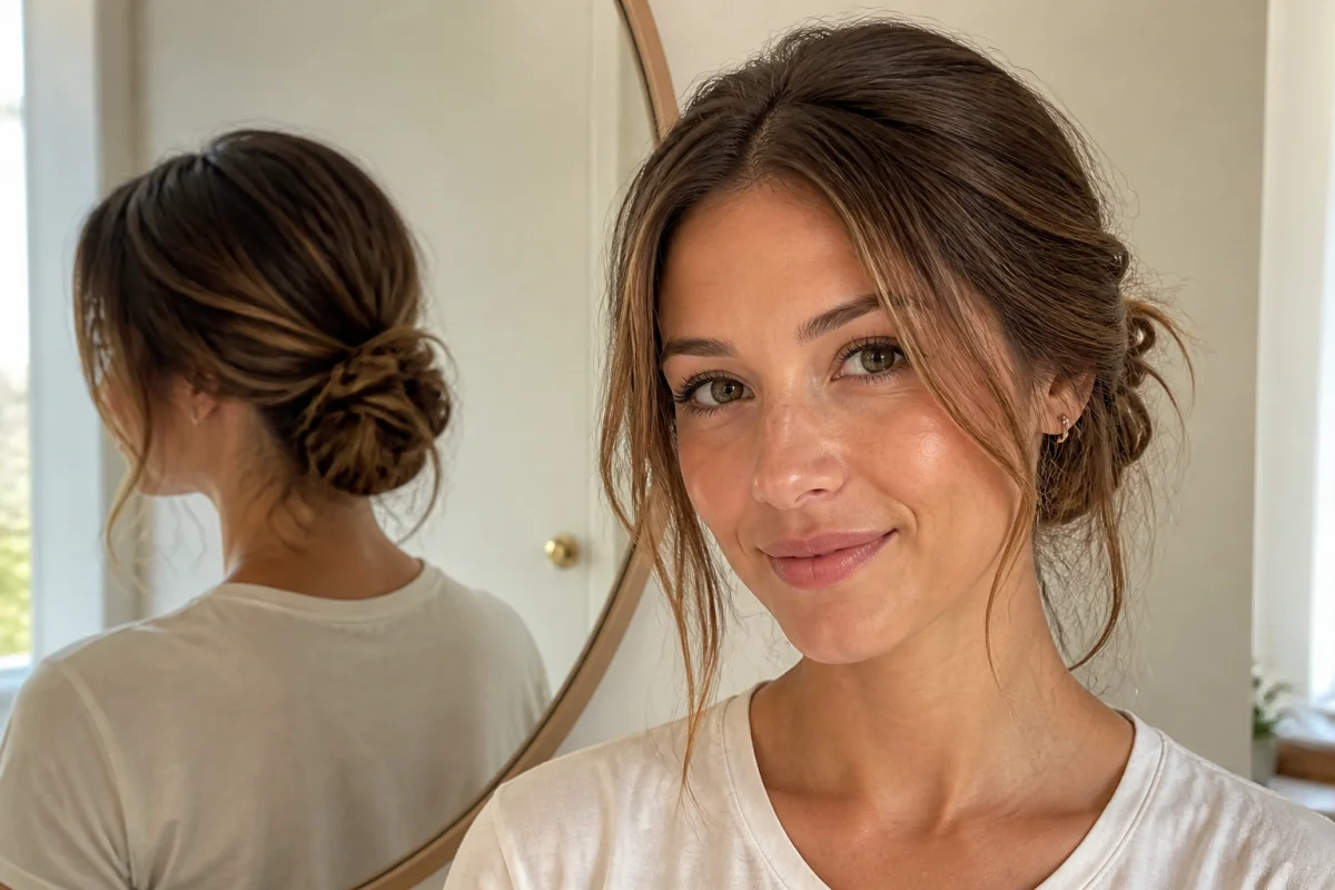 Coiffure facile pour cheveux mi-longs avec chignon bas souple et mèches libres autour du visage