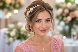 Coiffure invitée mariage élégante avec barrette ornée de perles et petites fleurs délicates, dans une ambiance raffinée
