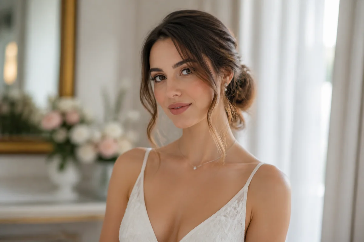 Quelle coiffure avec une robe de mariée dos nu : chignon bas flou sur une mariée élégante