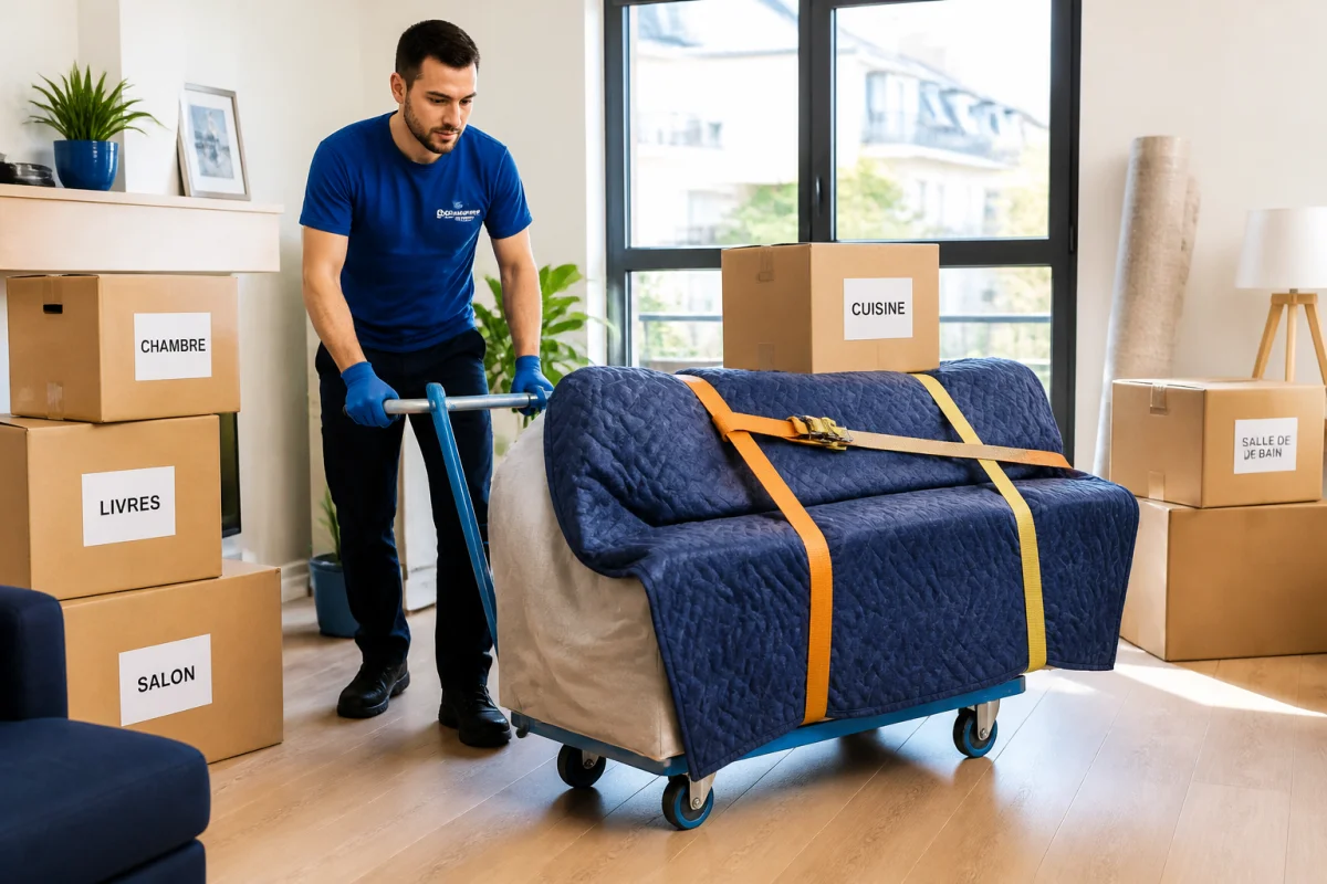 Organiser un déménagement sans stress avec un chariot, un canapé et des cartons étiquetés dans un intérieur lumineux