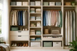 Armoire organisée avec vêtements pliés et suspendus, illustrant l’entretien des vêtements au quotidien et leur durabilité
