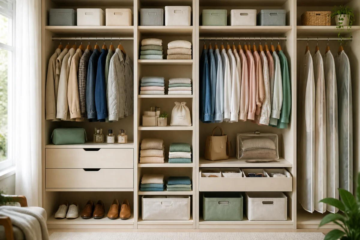 Armoire organisée avec vêtements pliés et suspendus, illustrant l’entretien des vêtements au quotidien et leur durabilité