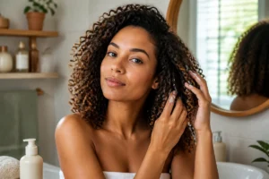 Entretien des cheveux texturés : personne appliquant une crème coiffante pour définir délicatement ses boucles naturelles