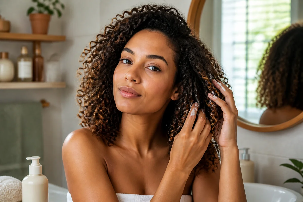 Entretien des cheveux texturés : personne appliquant une crème coiffante pour définir délicatement ses boucles naturelles