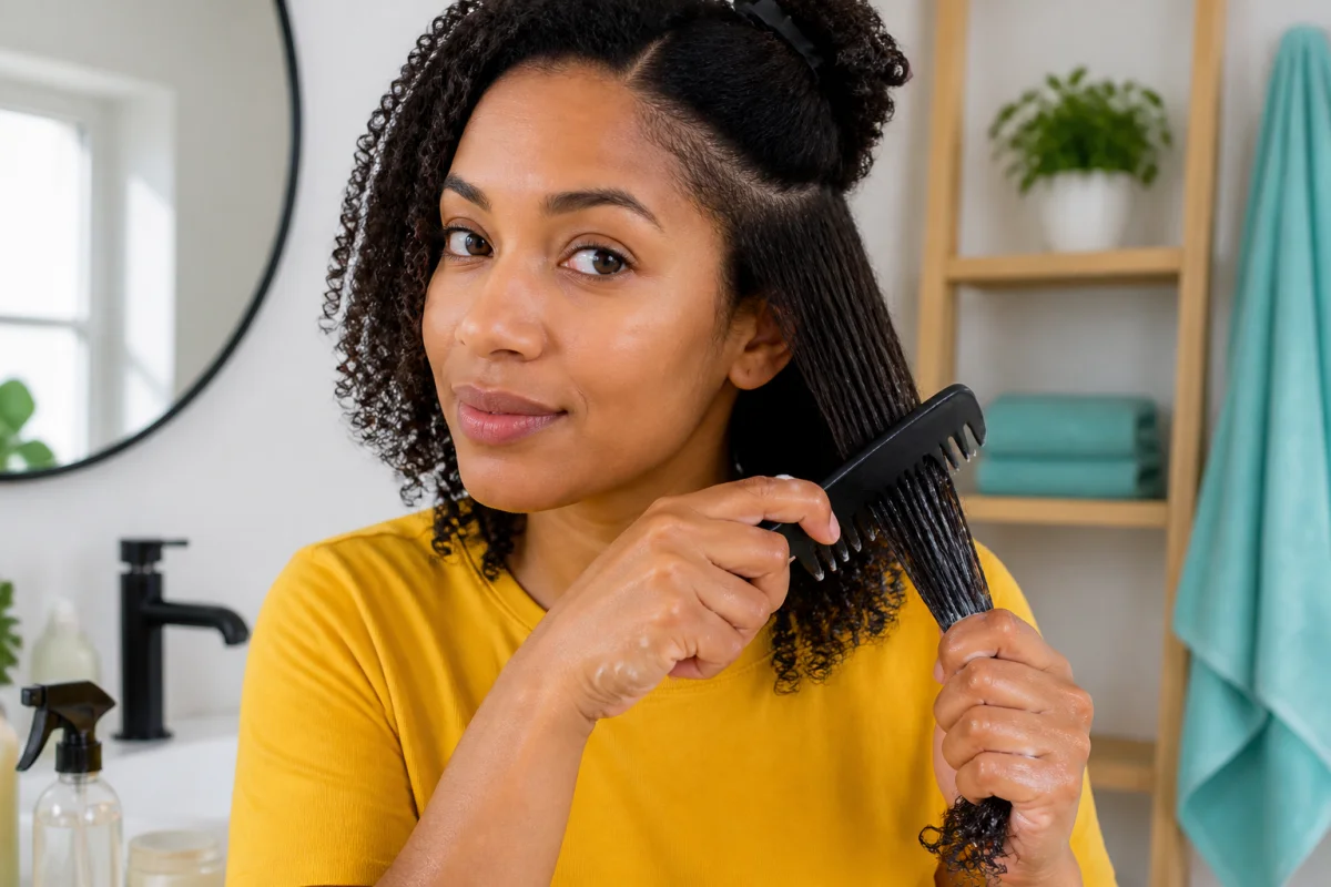 Entretien des cheveux texturés : démêlage doux des boucles sectionnées avec un peigne à dents larges en salle de bain lumineuse