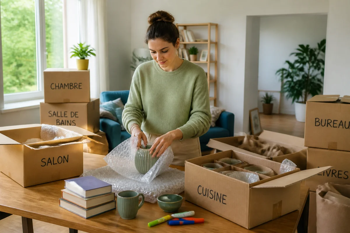 Organiser un déménagement sans stress avec cartons étiquetés, objets triés par pièce et articles fragiles soigneusement protégés