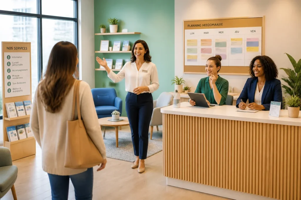 Équipe accueillante saluant une visiteuse dans un salon de services, illustrant les techniques d’accueil en magasin efficaces