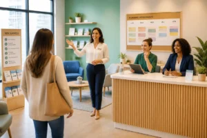 Équipe accueillante saluant une visiteuse dans un salon de services, illustrant les techniques d’accueil en magasin efficaces